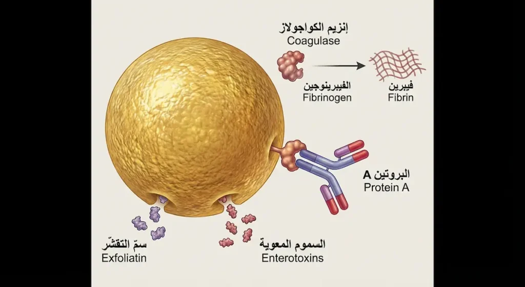 رسم توضيحي لخلية المكورات العنقودية الذهبية يُبرز عوامل الضراوة الرئيسية: البروتين A وإنزيم الكواجولاز والسموم المعوية وسمّ التقشّر
