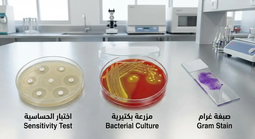 صورة مخبرية واقعية تعرض ثلاث خطوات تشخيصية مرتبة من اليمين إلى اليسار تشمل شريحة صبغة غرام ثم طبق مزرعة بكتيرية على آغار الدم ثم طبق اختبار حساسية المضادات الحيوية