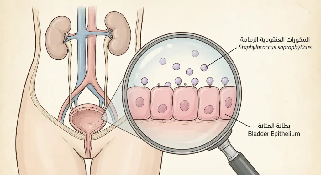 رسم توضيحي تشريحي يُظهر الجهاز البولي الأنثوي مع تكبير يوضح بكتيريا المكورات العنقودية الرمامة الكروية ملتصقة بالخلايا الطلائية لبطانة المثانة عبر بروتينات سطحية