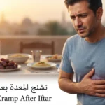 شخص يضع يده على بطنه في منطقة المعدة مع تعبير ألم خفيف، وخلفه مائدة إفطار رمضانية ضبابية، مع نص تشنج المعدة بعد الإفطار