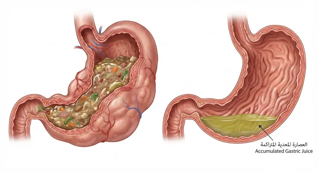 مقارنة تشريحية بين المعدة الفارغة أثناء الصيام مع تراكم العصارة المعدية، والمعدة الممتلئة المتشنجة عند كسر الصيام