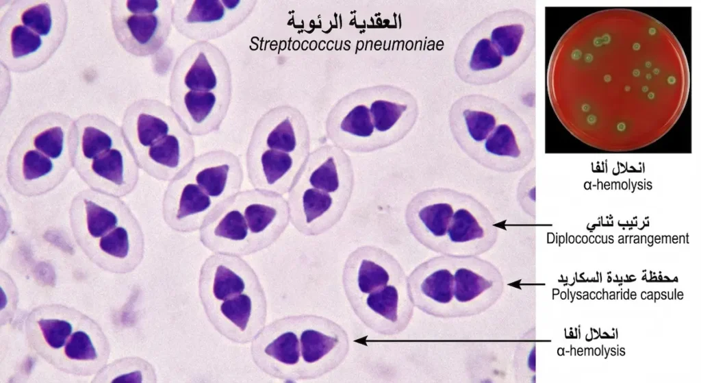 صورة مجهرية للعقدية الرئوية تُظهر ترتيبها الثنائي المميز ومحفظتها عديدة السكاريد، مع انحلال ألفا على آجار الدم