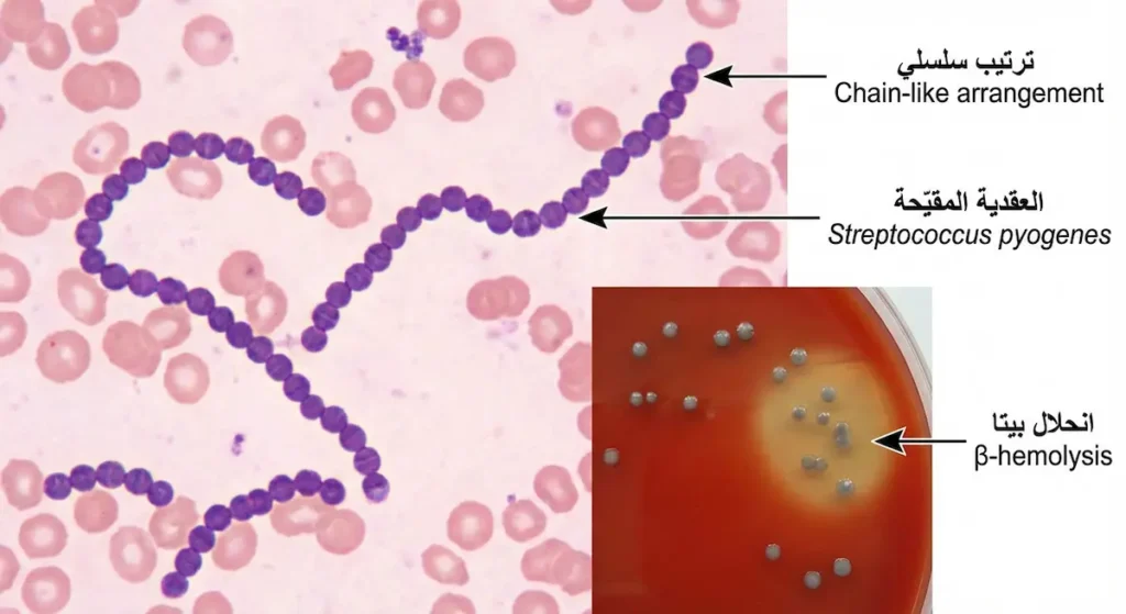 صورة مجهرية للعقدية المقيّحة تُظهر سلاسل من المكورات البنفسجية، مع صورة طبق آجار دم يُظهر انحلال بيتا حول المستعمرات