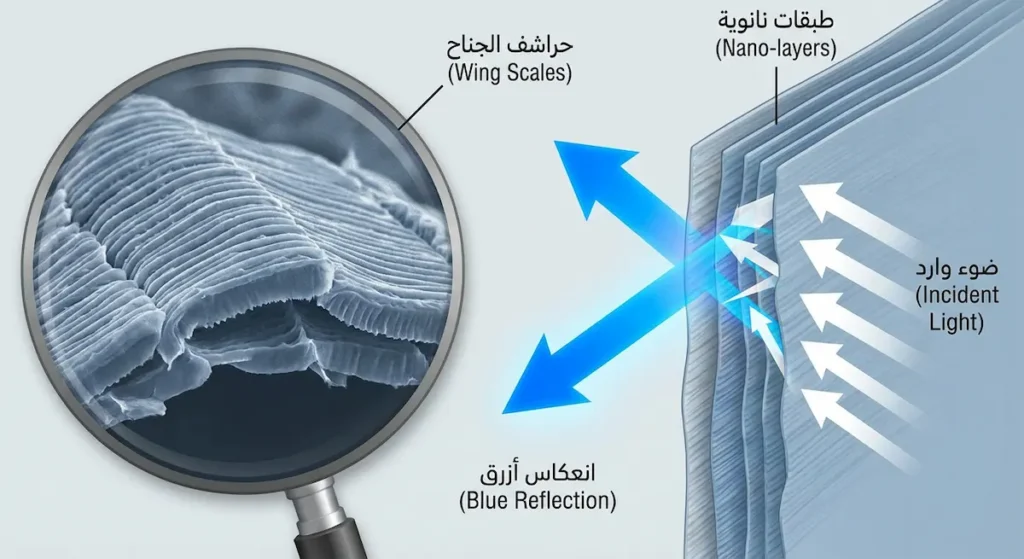 رسم توضيحي علمي يُظهر كيف تنتج البنى النانوية في حراشف جناح فراشة المورفو اللون الأزرق عبر انكسار الضوء