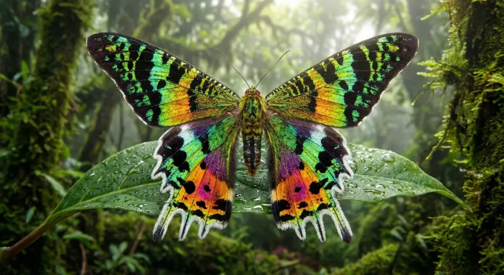 فراشة الغروب من مدغشقر بألوان متعددة متدرجة من الأخضر إلى البرتقالي والأرجواني