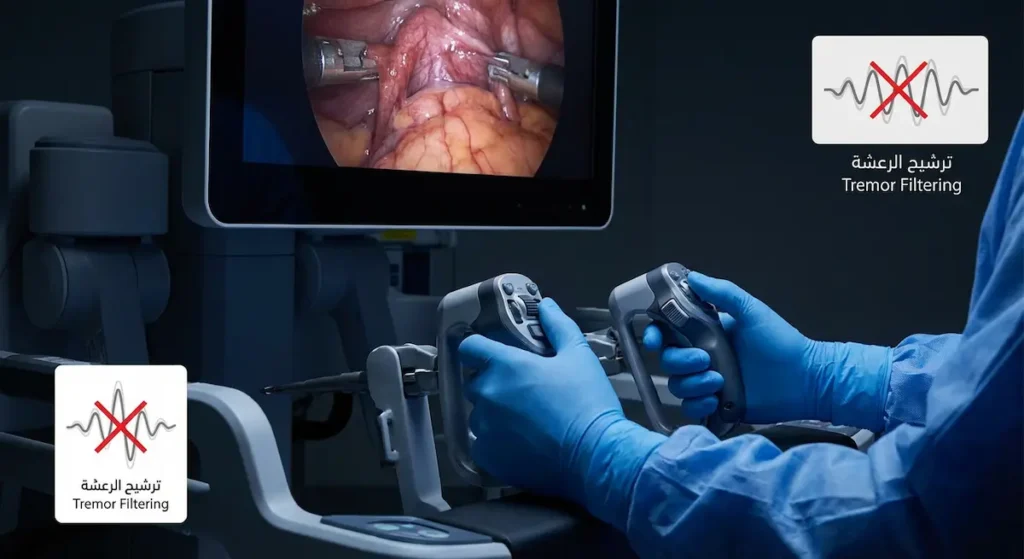 منظر قريب ليدي جراح تمسكان بمقبضي تحكم روبوتيين على وحدة تحكم جراحية أمام شاشة تعرض صورة جراحية مكبرة مع رسم بياني يوضح تقنية ترشيح الرعشة