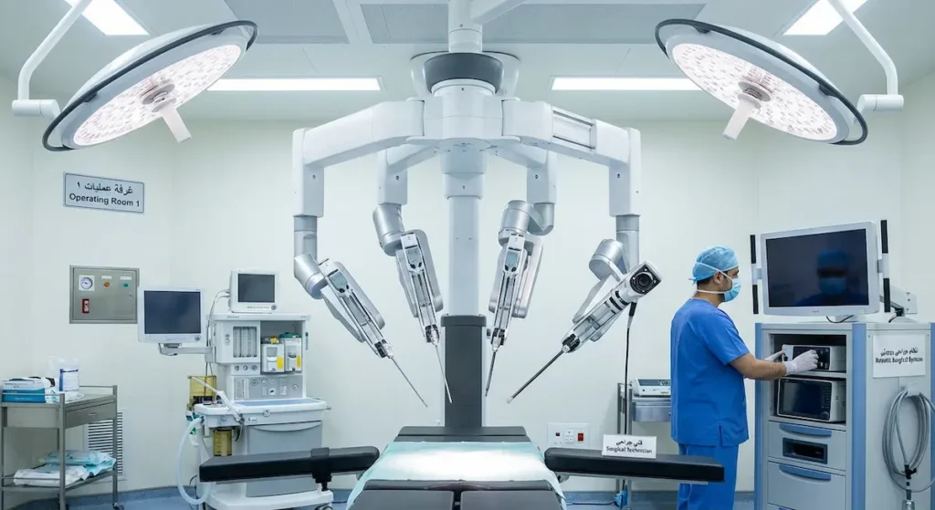 أذرع روبوتية جراحية رباعية مثبتة فوق طاولة عمليات في غرفة عمليات حقيقية مع فني طبي يراقب شاشة بجانب الروبوت