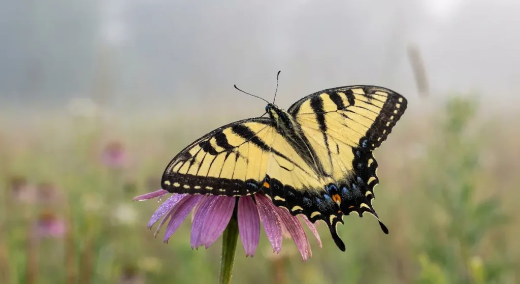 فراشة ذيل الخطاف صفراء اللون مع خطوط سوداء وذيل طويل أنيق على الأجنحة الخلفية