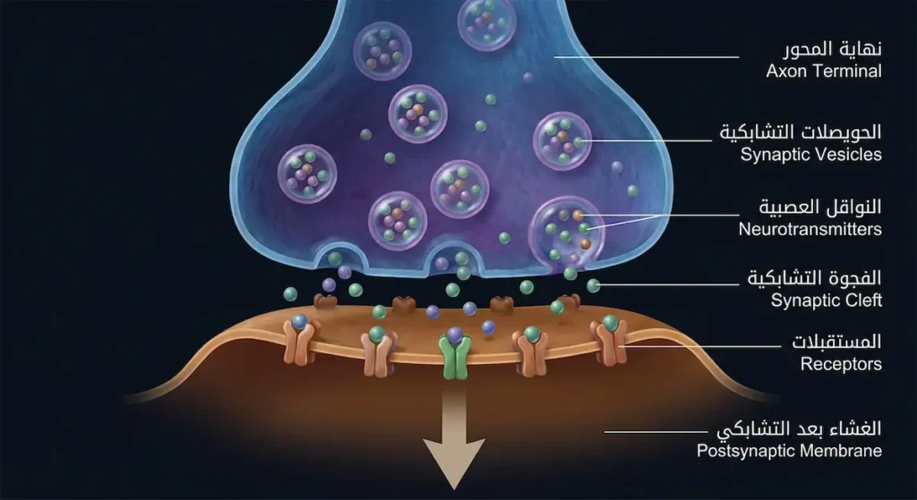 رسم مُكبّر للتشابك العصبي يُظهر الحويصلات التشابكية والنواقل العصبية تعبر الفجوة التشابكية لترتبط بالمستقبلات
