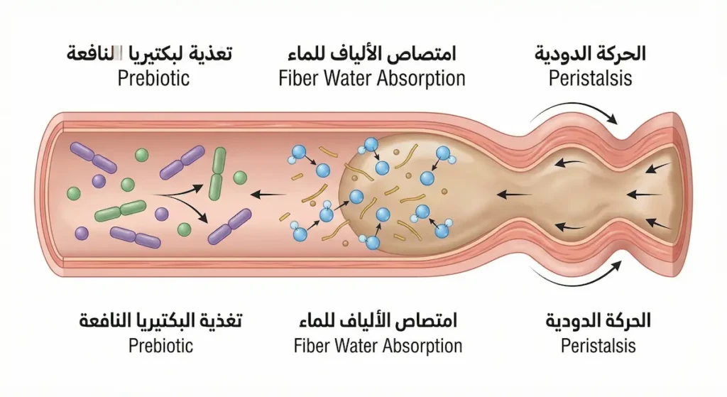رسم توضيحي لمقطع من الأمعاء البشرية يُظهر ثلاث آليات لتأثير التمر الهندي على الهضم وهي الحركة الدودية وامتصاص الألياف للماء وتغذية البكتيريا النافعة