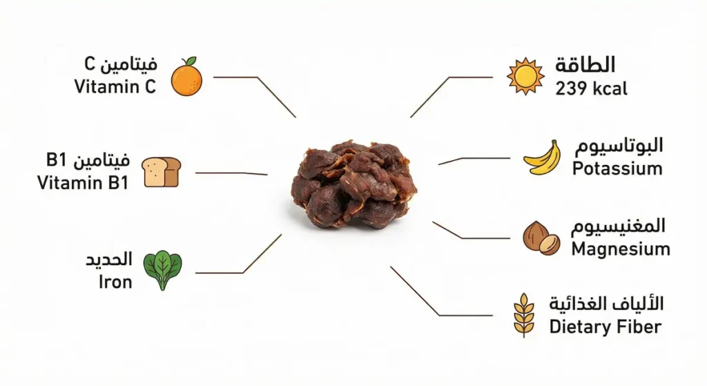 رسم بياني توضيحي يُظهر القيمة الغذائية لكل 100 غرام من لبّ التمر الهندي الخام شاملاً البوتاسيوم والمغنيسيوم والألياف والحديد والفيتامينات