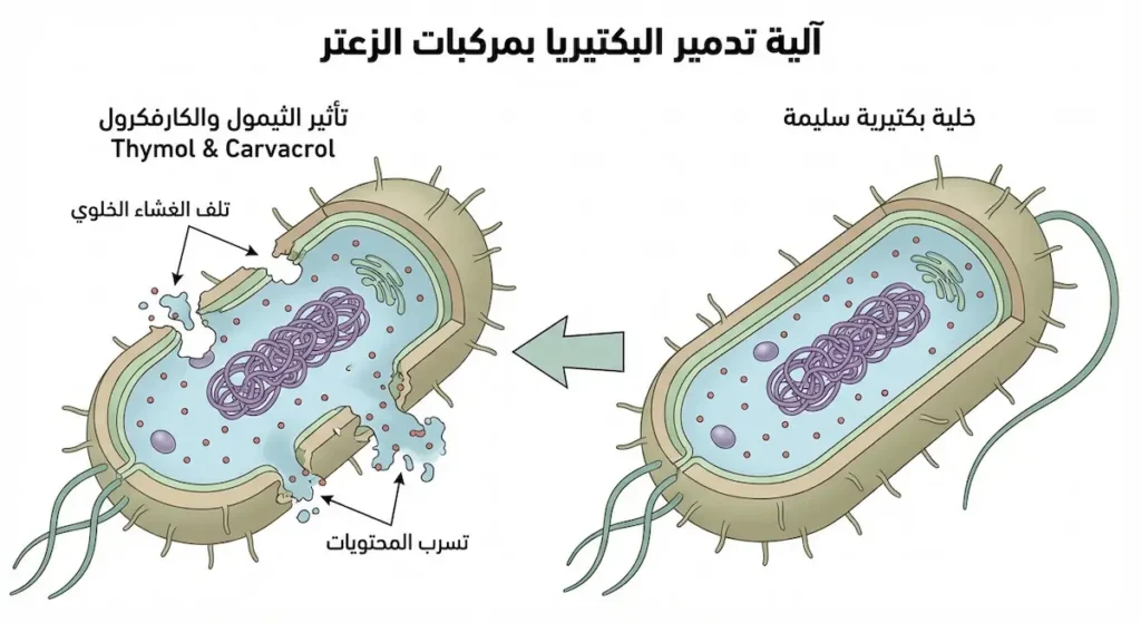 رسم توضيحي يُظهر خلية بكتيرية سليمة مقابل خلية تالفة بعد تأثير الثيمول والكارفكرول مع ثقوب في الغشاء الخلوي وتسرب المحتويات