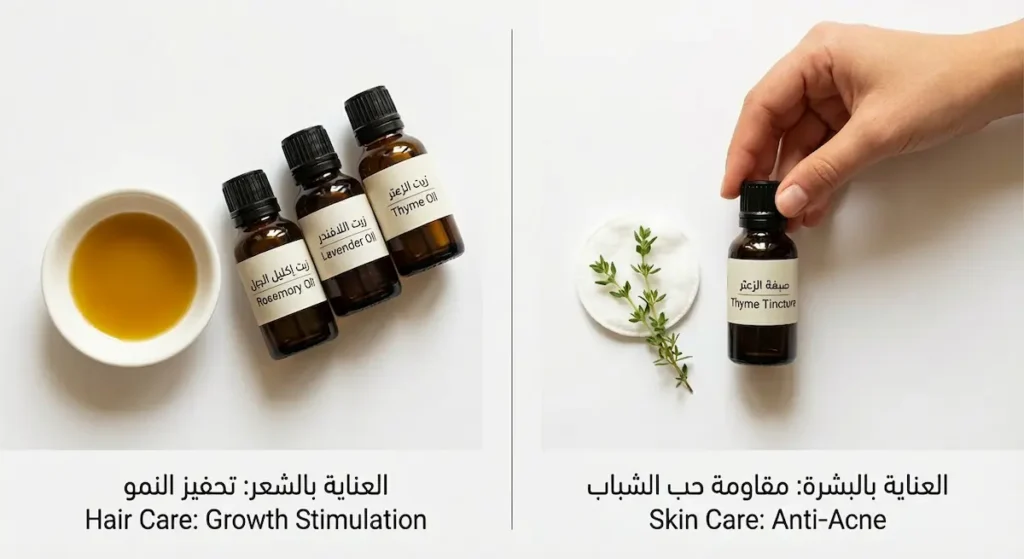 صورة مقسمة إلى نصفين تُظهر على اليمين قارورة صبغة الزعتر لمقاومة حب الشباب مع قطعة قطن وغصن زعتر، وعلى اليسار مزيج زيوت عطرية تشمل زيت الزعتر واللافندر وإكليل الجبل لتحفيز نمو الشعر