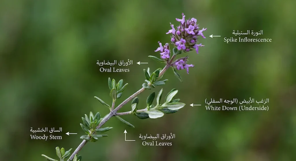 صورة تقريبية ماكرو لغصن زعتر أخضر طازج تُظهر الساق الخشبية والأوراق البيضاوية الصغيرة والزغب الأبيض على الوجه السفلي والأزهار الأرجوانية السنبلية