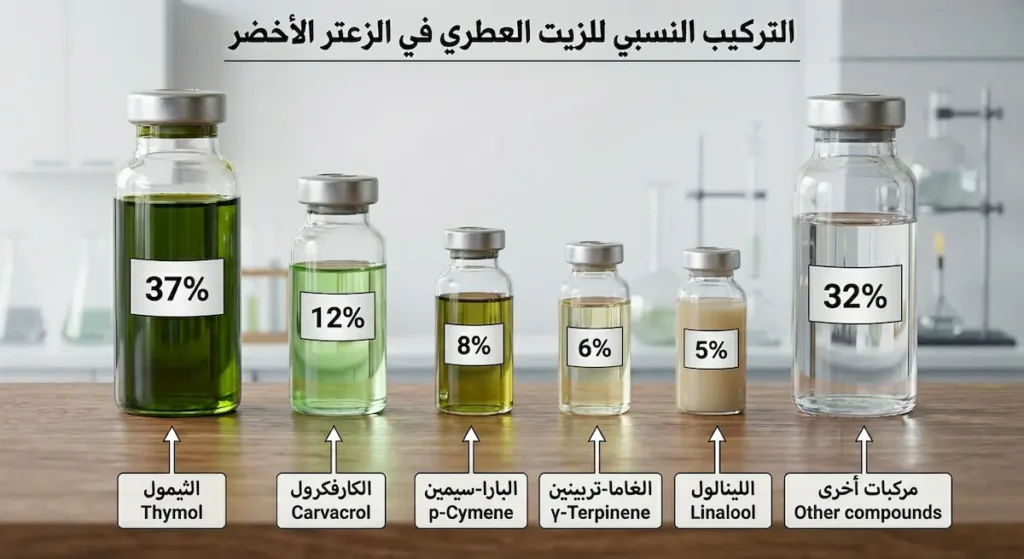 رسم بياني دائري يوضح نسب المركبات الكيميائية الرئيسية في الزيت العطري للزعتر الأخضر، أبرزها الثيمول والكارفكرول
