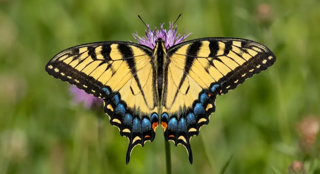 فراشة النمر صفراء وسوداء مخططة مع لمسات زرقاء وبرتقالية على الأجنحة الخلفية