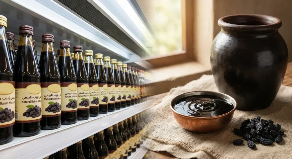 مقارنة بصرية بين دبس الزبيب الطبيعي في جرة فخارية تقليدية وزجاجات الجلاب التجارية المعبأة على رف سوبرماركت حديث