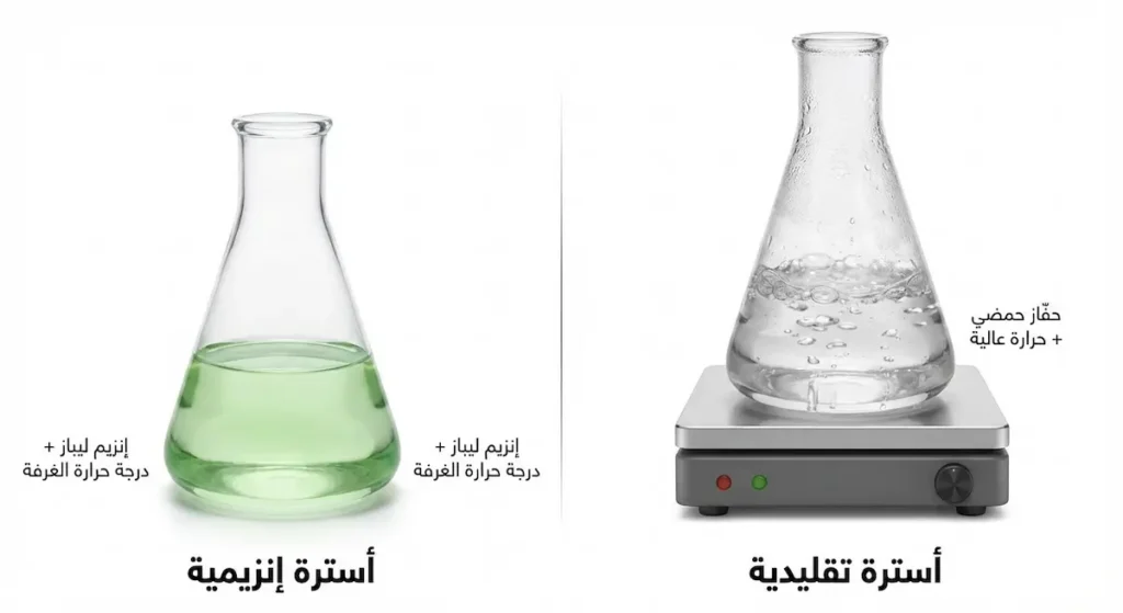 رسم توضيحي يقارن بين طريقتين لتحضير الأسترات الطريقة التقليدية باستخدام حفّاز حمضي وحرارة عالية والطريقة الإنزيمية الحديثة باستخدام إنزيم ليباز في درجة حرارة الغرفة