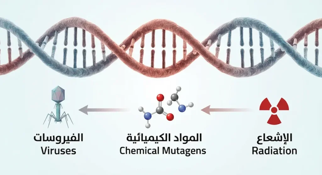 رسم توضيحي يُظهر جزيء DNA محاطاً بثلاثة مصادر للطفرات: الإشعاع والمواد الكيميائية والفيروسات
