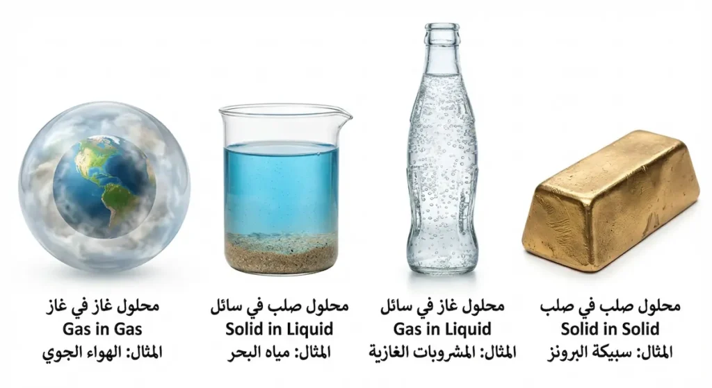 مقارنة بصرية بين أربعة أنواع من المحاليل: الهواء الجوي (غاز في غاز)، مياه البحر (صلب في سائل)، المشروبات الغازية (غاز في سائل)، البرونز (صلب في صلب)