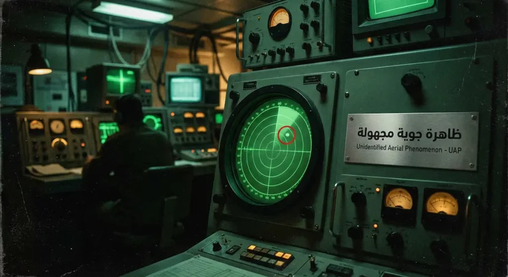 صورة واقعية لشاشة رادار عسكرية خضراء في غرفة تحكم خافتة تُظهر نقطة مجهولة تمثل ظاهرة جوية غير محددة الهوية