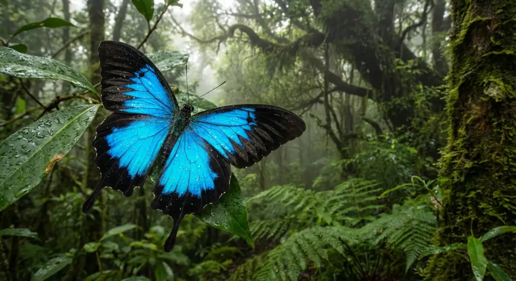 فراشة أوليسيس زرقاء كهربائية ساطعة بحواف سوداء في غابة أسترالية