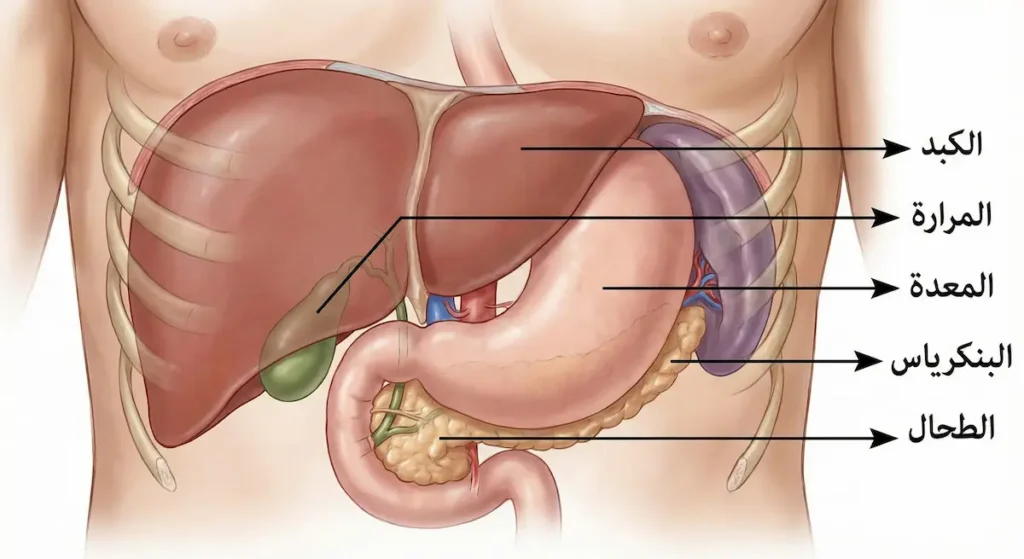 رسم تشريحي للبطن العلوي يُظهر مواقع المعدة والكبد والمرارة والبنكرياس والطحال مع تسمياتها بالعربية والإنكليزية