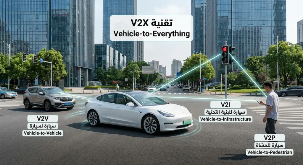 رسم توضيحي يُظهر سيارة ذاتية القيادة تتواصل مع السيارات الأخرى وإشارات المرور والمشاة عبر تقنية V2X