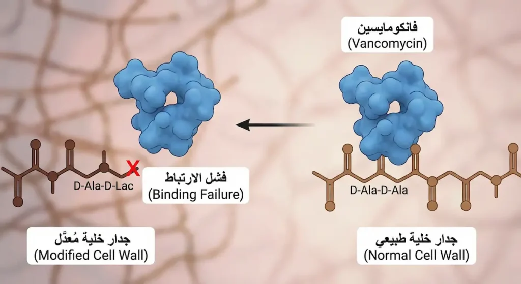 رسم توضيحي يُقارن بين ارتباط الفانكومايسين بجدار الخلية الطبيعي وفشل ارتباطه بجدار الخلية المُعدَّل في المكورات المعوية المقاومة