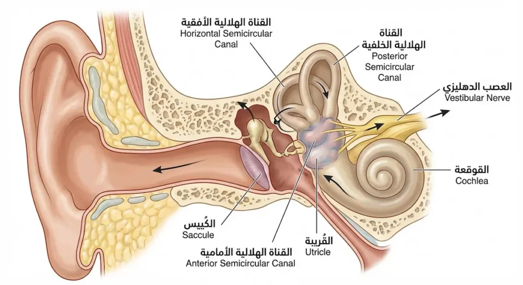 رسم تشريحي واقعي للأذن الداخلية يُظهر القنوات الهلالية الثلاث والقُريبة والكُييس وقوقعة الأذن والعصب الدهليزي مع تسميات عربية وإنكليزية