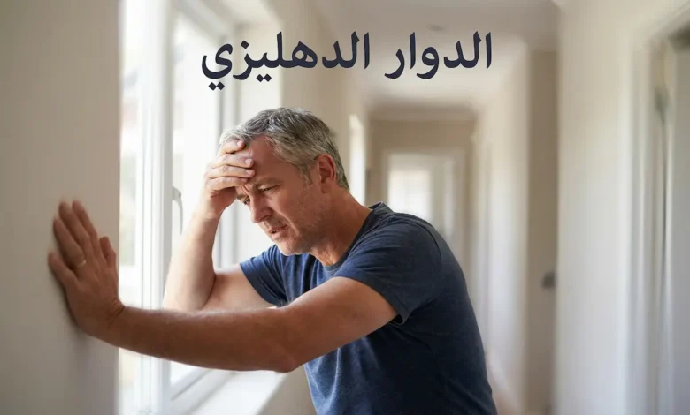 شخص بالغ يمسك رأسه بيد ويستند بيده الأخرى إلى الجدار أثناء نوبة دوار دهليزي مع تأثير ضبابي دوراني في الخلفية يوحي بدوران المحيط