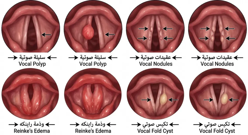  أربع صور تنظيرية تُظهر عقيدات صوتية وسليلة صوتية وتكيساً صوتياً ووذمة راينكه على الحبال الصوتية