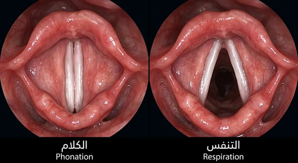 صورة تنظيرية علوية تُظهر الحبلين الصوتيين متباعدين أثناء التنفس ومتقاربين أثناء الكلام