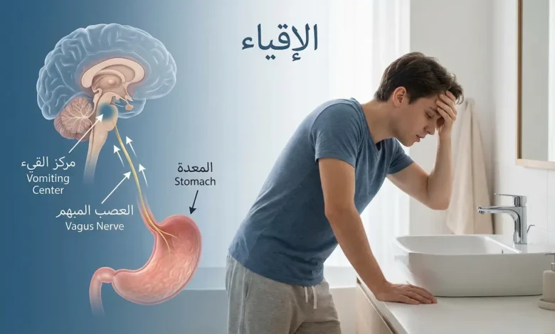 غلاف مقال عن الإقياء يُظهر شخصاً يشعر بالغثيان مع رسم طبي شفاف للجذع الدماغي والمعدة.
