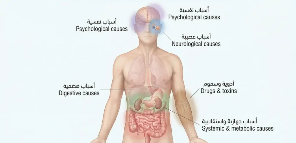 رسم طبي واقعي لجسم إنسان يوضح أهم أجهزة الجسم التي تسبب الإقياء وتصنيفها.