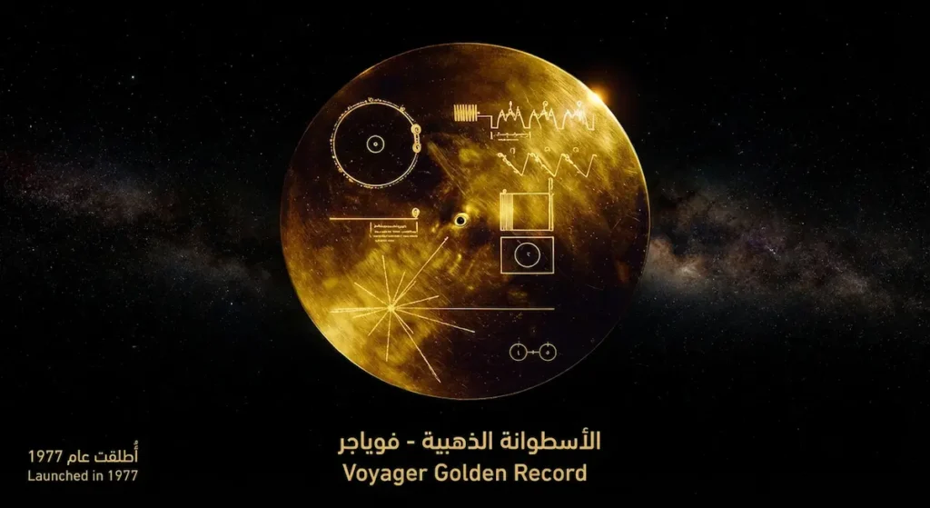 صورة واقعية للأسطوانة الذهبية الخاصة بمركبة فوياجر التي تحمل تسجيلات صوتية وصوراً ورسائل تمثل الحضارة البشرية إلى الفضاء الخارجي