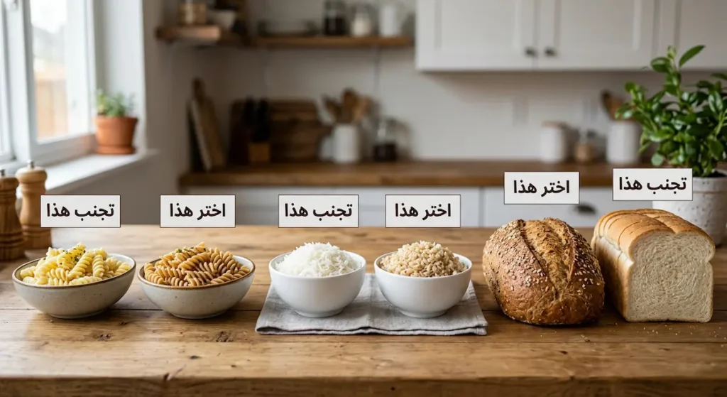 مقارنة بين خبز القمح الكامل والخبز الأبيض والأرز البني والأرز الأبيض والمعكرونة السمراء والمعكرونة البيضاء مع تسمية اختر هذا وتجنب هذا