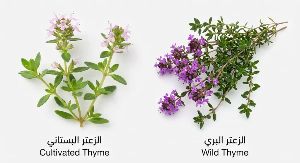 مقارنة بصرية بين غصن زعتر بري بأوراق صغيرة كثيفة داكنة وأزهار أرجوانية وغصن زعتر بستاني بأوراق أكبر أفتح لوناً وأزهار وردية