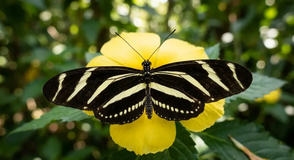 فراشة الحمار الوحشي بأجنحة طويلة ضيقة مخططة بالأبيض والأسود تتغذى على زهرة