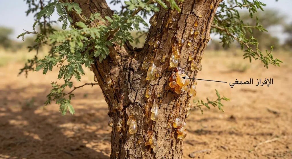 شجرة أكاسيا سنغالية في بيئة الساحل الإفريقي الجاف يخرج من جذعها المتشقق إفراز صمغي ذهبي شفاف متجمد على اللحاء