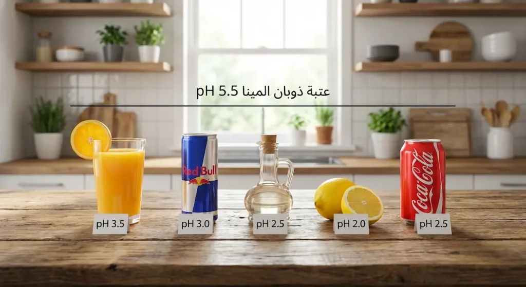 مشروبات وأطعمة حمضية شائعة مع درجات الحموضة الخاصة بها مقارنة بعتبة ذوبان المينا