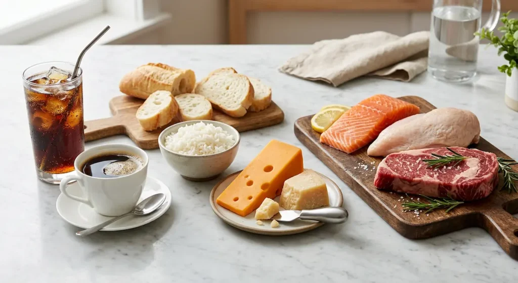 مجموعة الأطعمة ذات التأثير الحمضي تشمل اللحوم والأجبان والحبوب المكررة والمشروبات الغازية والقهوة