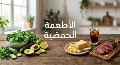 صورة غلاف تُظهر تباين الأطعمة الحمضية والقلوية على طاولة خشبية مع عنوان الأطعمة الحمضية