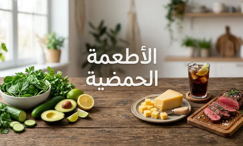 صورة غلاف تُظهر تباين الأطعمة الحمضية والقلوية على طاولة خشبية مع عنوان الأطعمة الحمضية