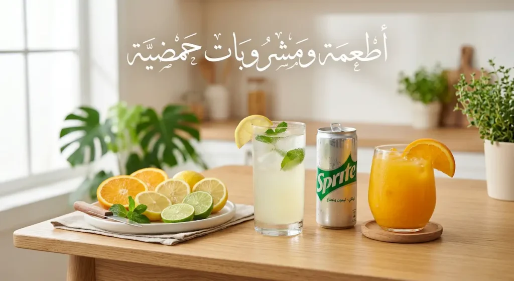  مجموعة من المشروبات والأطعمة الحمضية كعصير الليمون والمشروبات الغازية التي تسبب تآكل مينا الأسنان