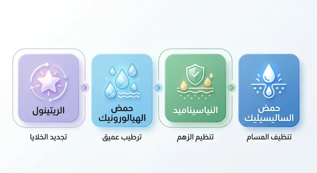 عرض مرئي لأهم المكونات الفعّالة في منتجات العناية بالبشرة الدهنية مع وظيفة كل مكون