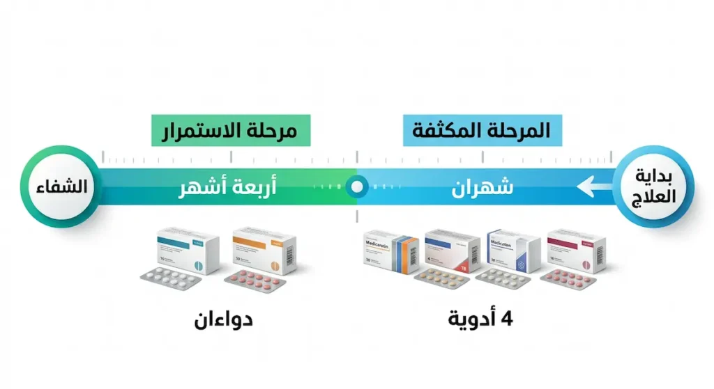  رسم توضيحي للجدول الزمني لعلاج السل النشط يُظهر المرحلة المكثفة بأربعة أدوية لمدة شهرين ثم مرحلة الاستمرار بدوائين لمدة أربعة أشهر