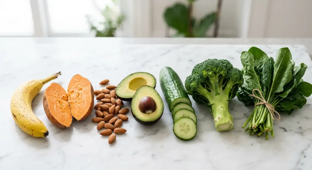 مجموعة الأطعمة القلوية التأثير تشمل السبانخ والبروكلي والخيار والأفوكادو واللوز والبطاطا الحلوة والموز