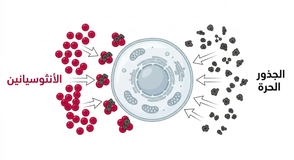 رسم توضيحي يُظهر كيف تحيّد جزيئات الأنثوسيانين الموجودة في الكركديه الجذور الحرة وتحمي الخلية البشرية من التلف التأكسدي