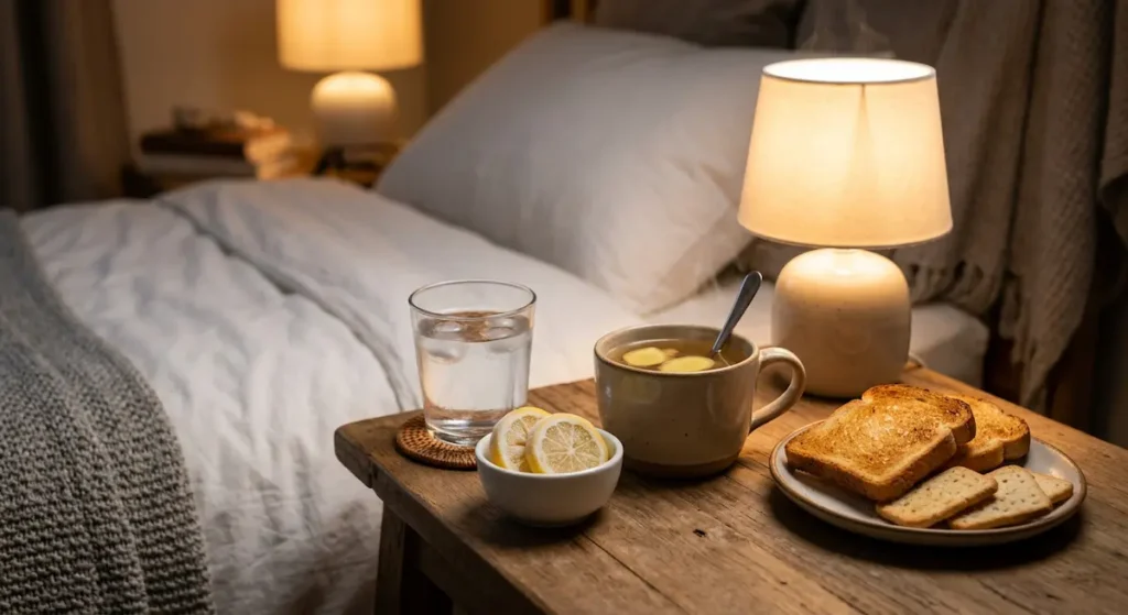  أطعمة خفيفة تشمل البسكويت الجاف وشاي الزنجبيل وشرائح الليمون للتغلب على الغثيان